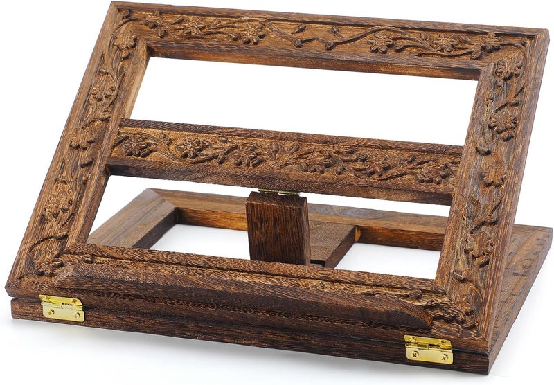 DoubleFill حامل الكتاب المقدس الخشبي القابل للتعديل، حامل الكتاب المقدس المنحوت، حامل الميسال، عرض الكتاب للقراءة، قابل للطي، حامل الكتاب المقدس الخشبي للصلاة، 12.99 × 10.04 بوصة (بني داكن) - Image 1